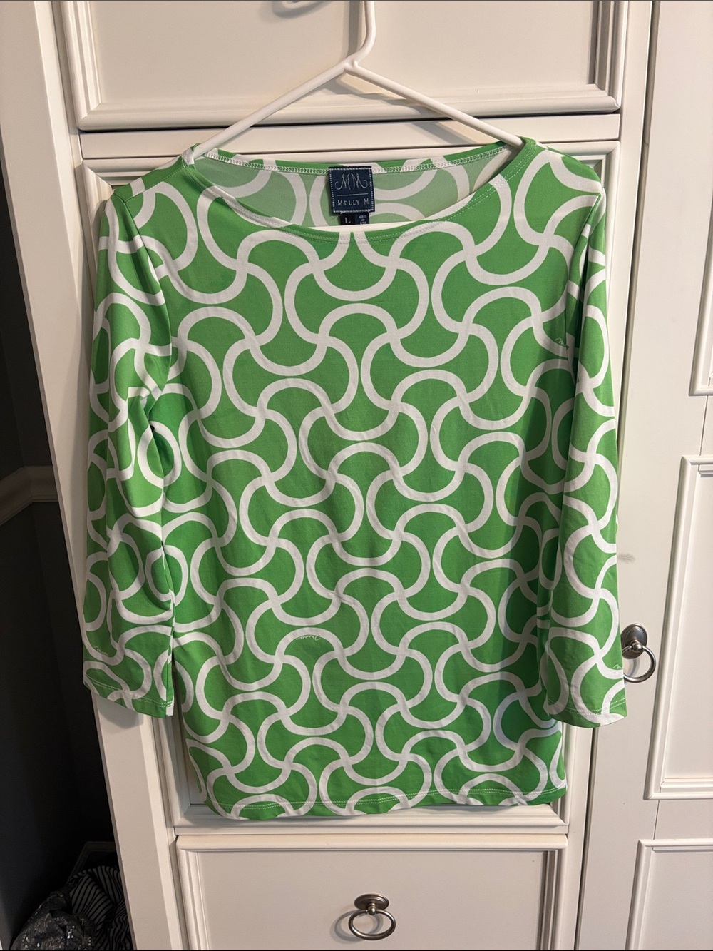 Melly M Green and White Geometric Boatneck Top
